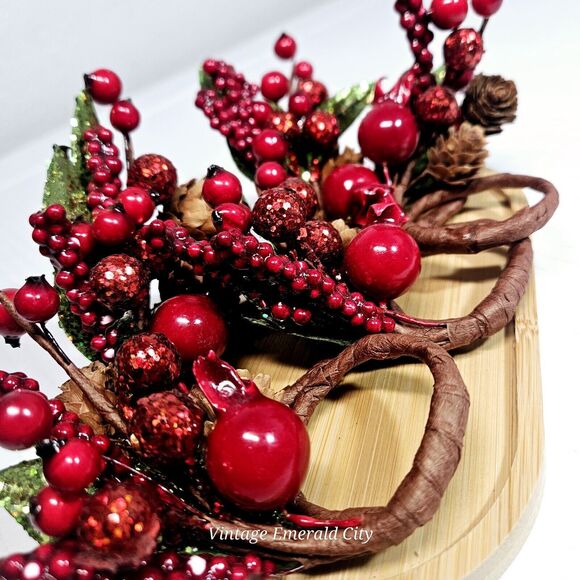 Vtg Pines Berries Twing Cranberry Pinecone Leafs 5 Napking Candle Rings Handmade - Picture 1 of 13